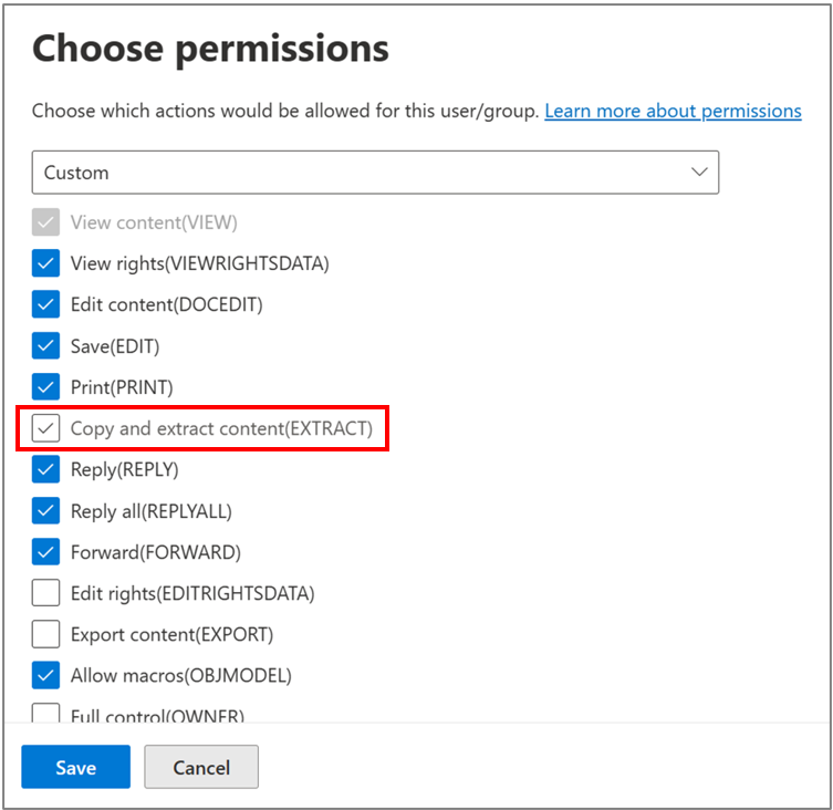 Custom sensitivity label permissions removing EXTRACT right.