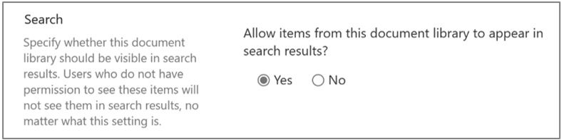 SharePoint Online Document Library search settings.