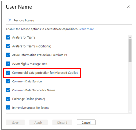 Apply the Commercial data protection for Microsoft Copilot license item.