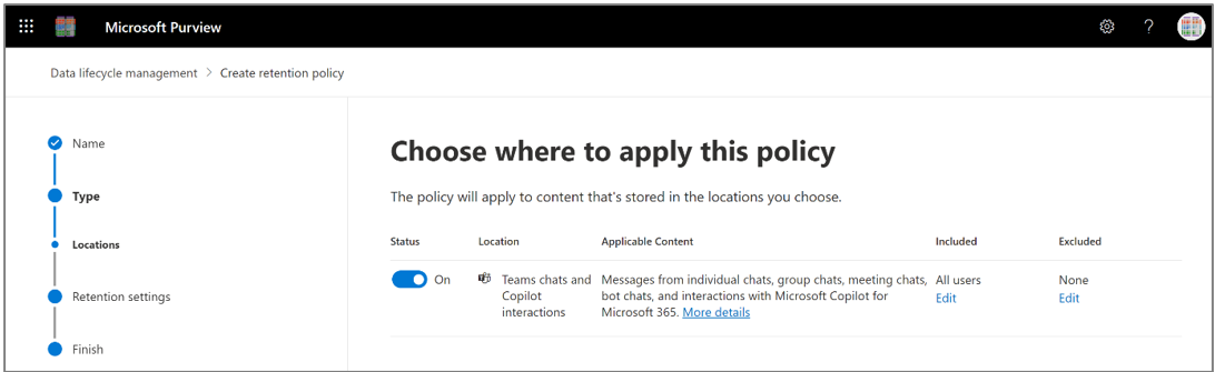 Configuring a retention policy for Teams chats and Copilot interactions.