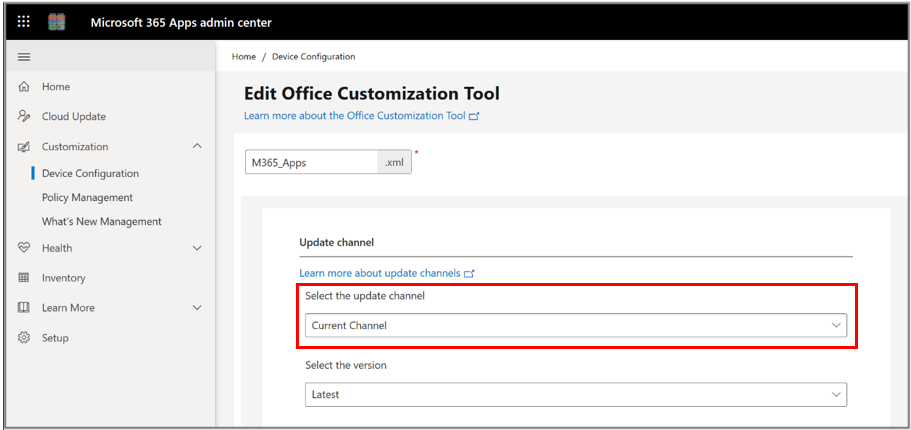 Office Customization Tool configuration for Update Channel.