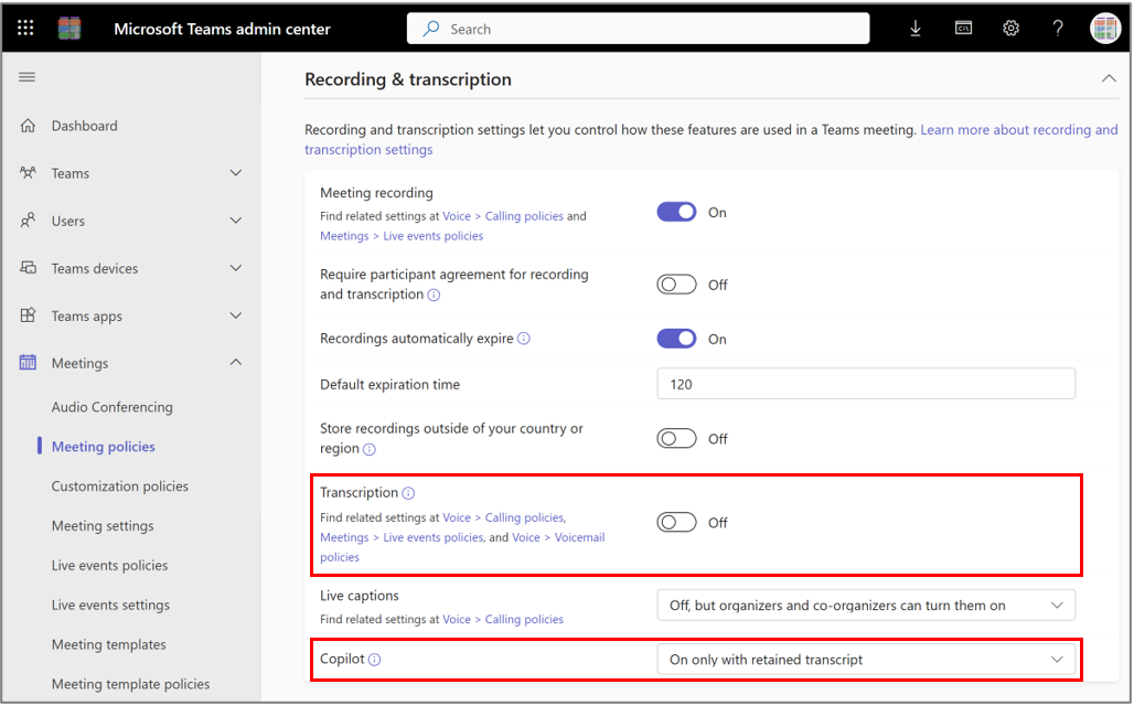 Teams Meeting policies for Copilot.