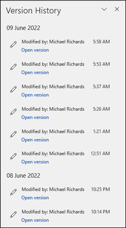 Viewing Version History in Microsoft 365 Apps for Enterprise.