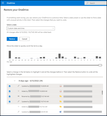 Page that allows you to restore your OneDrive.