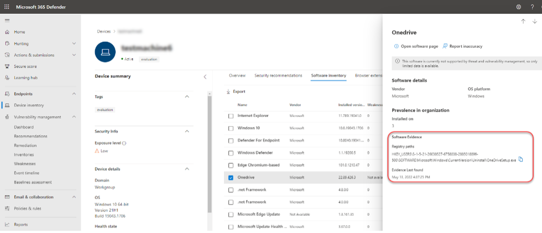 Software inventory on devices