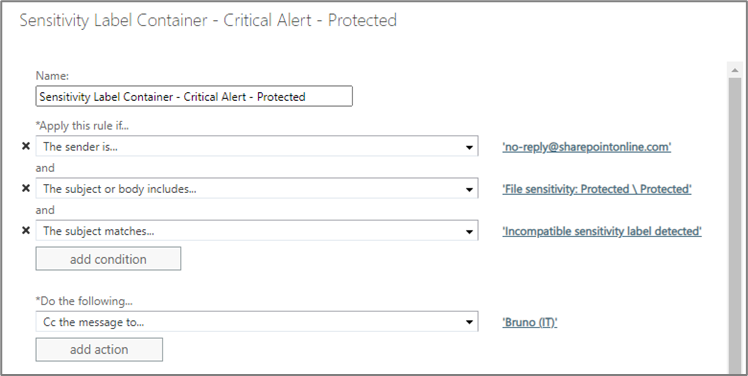 Example mail flow rule assessing checking for protected items.