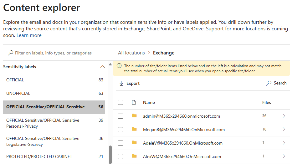 Screenshot of government classification in content explorer.