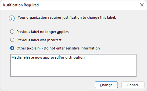 Label change justification prompt.