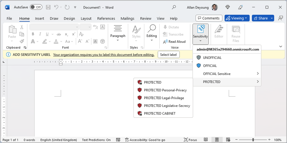 Label selection in Office clients.