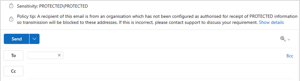 Example of a policy tip applying to a protected email sent to an unauthorized domain.