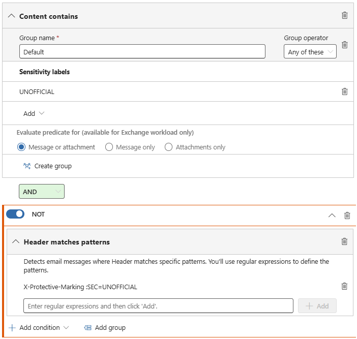 Screenshot showing DLP rule conditions.