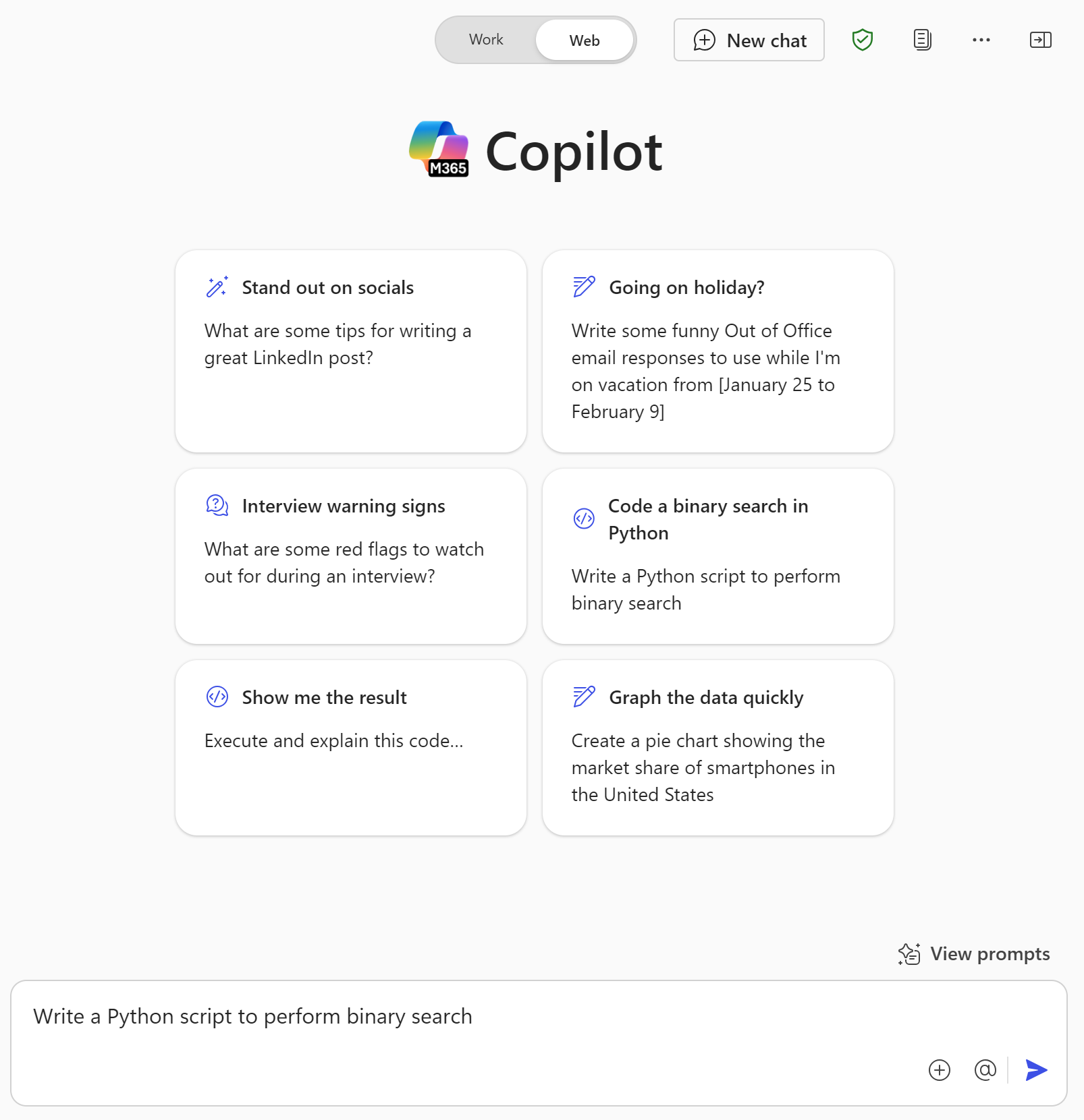 Screenshot that shows Microsoft 365 Copilot Chat and sample prompts that get information from the internet with web-based chat.