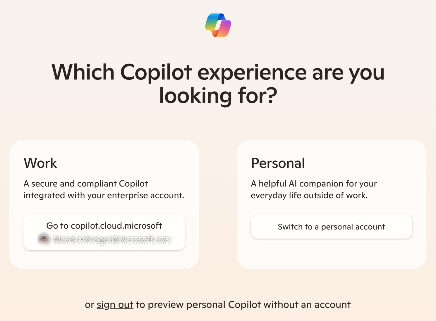 Screenshot that shows Microsoft Copilot asking Microsoft Entra users to select work or personal.