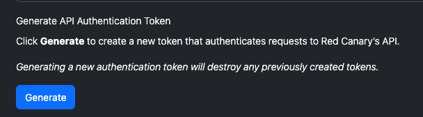 Screenshot showing where you create an API key in Red Canary.