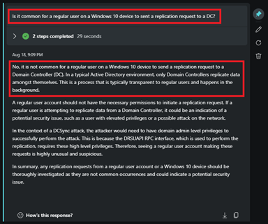 Screenshot of the DCSync attack response in Copilot.