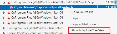 Screenshot of a right-click on a file in the Included Files view. The menu option Show in Include Tree View is highlighted.