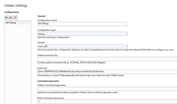 Screenshot of the CMake settings editor.