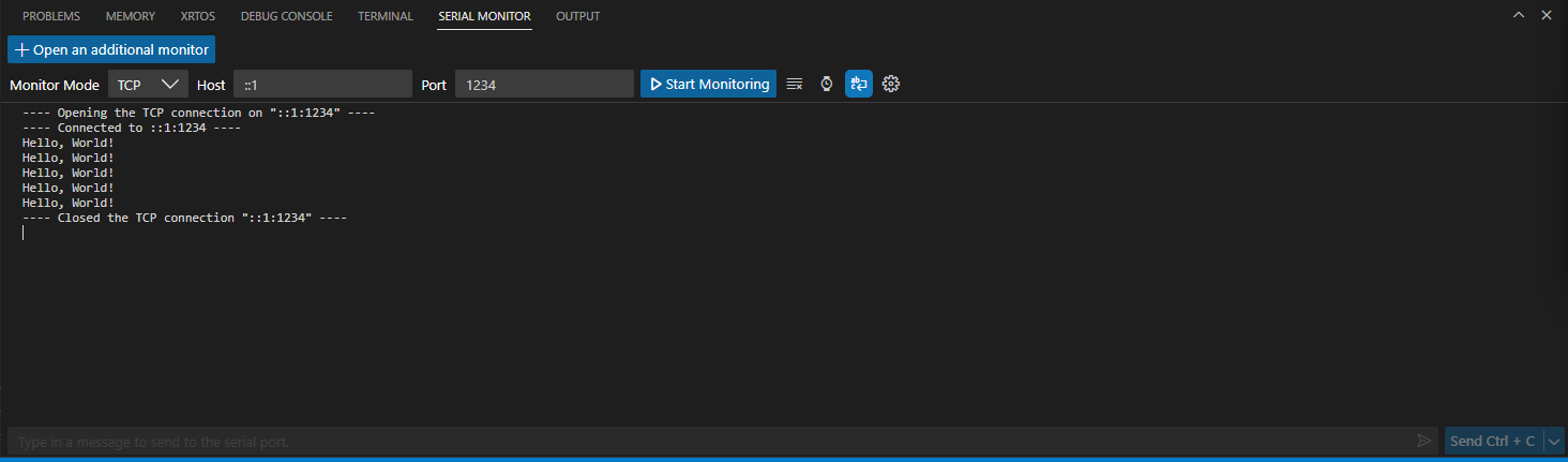 Screenshot of the VS Code TCP Serial Monitor window.