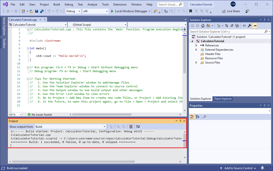 Screenshot of the Visual Studio Output window. It's displaying a message that the build succeeded.