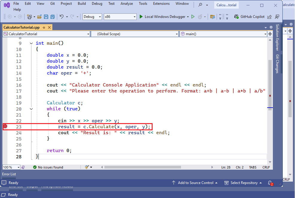 Screenshot of the Visual Studio editor. A red dot representing a breakpoint appears on the line: result = c.Calculate(x, oper, y).