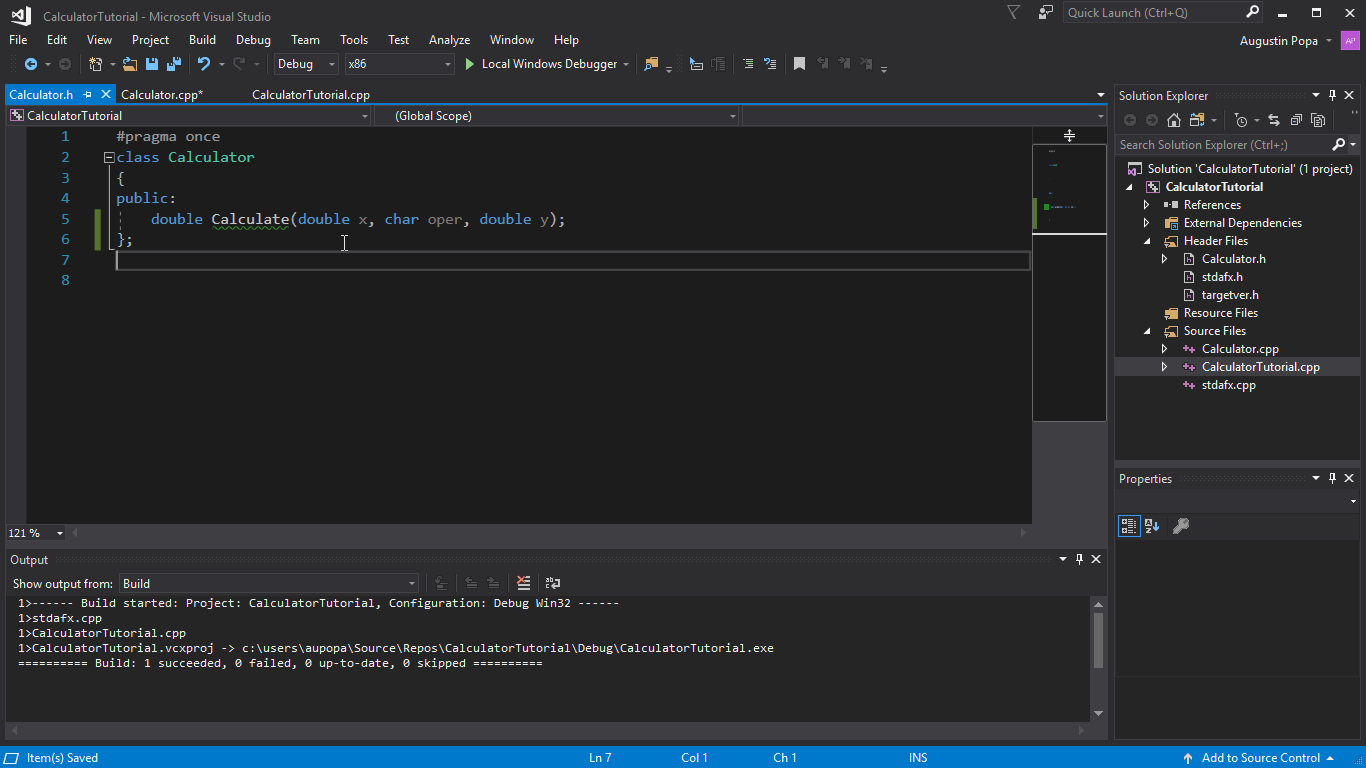 Video showing using the light bulb dropdown to select Create definition of Calculate in Calculator.cpp.