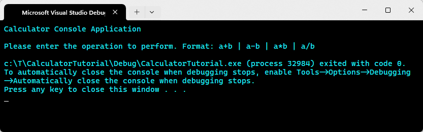 Screenshot of the calculator app running in a console window.