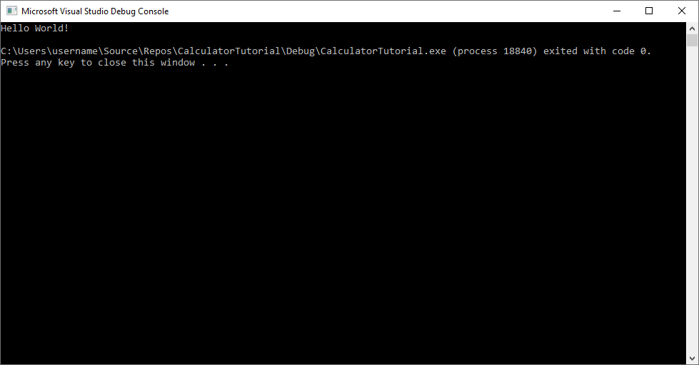 Screenshot of the Visual Studio Debug Console showing the output: Hello World!