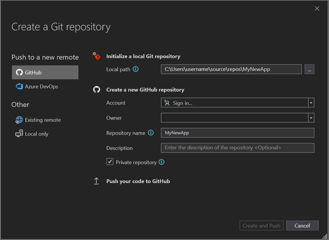 Screenshot of the Create a Git Repository dialog window where you create a new GitHub repository.