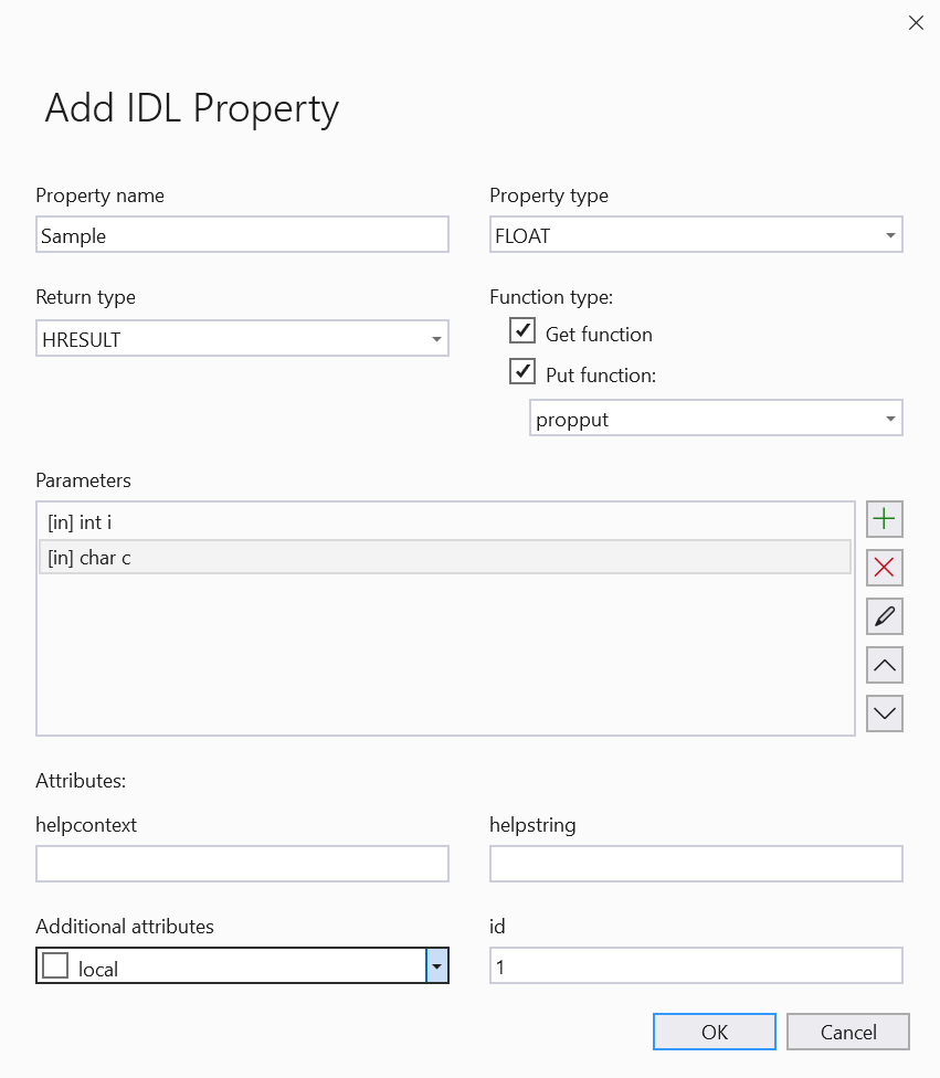 Screenshot of Add IDL Property with two parameters: [ in ] int i and [ in ] char c. Return type is HRESULT. Property type is float.