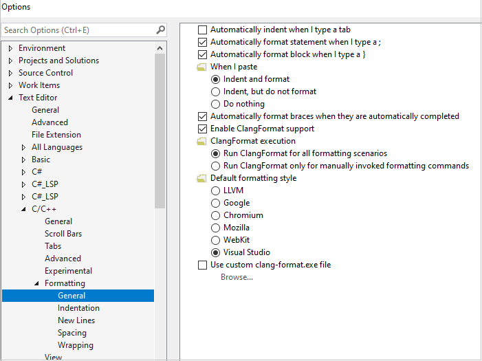 Screenshot of the Options pane with Text Editor > C / C plus plus > Formatting > General selected. In the right pane the ClangFormat options appear.