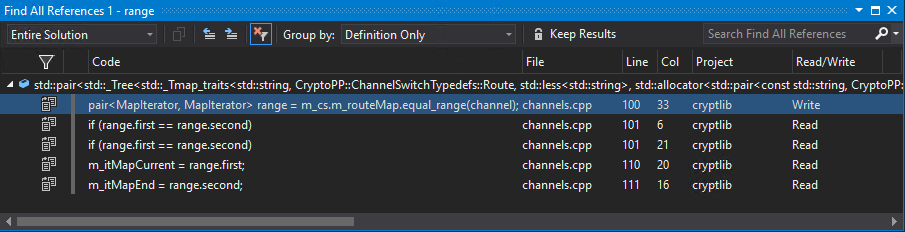 Screenshot of Find all references results which shows the line where the symbol was found, which file and project it is located in, and so on.