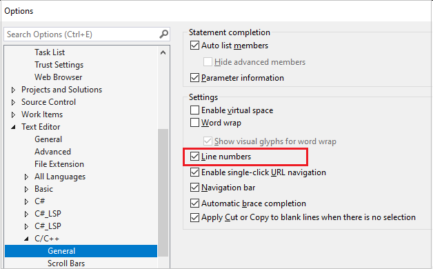 Screenshot of General options (Text Editor > C / C plus plus > General). The Line numbers checkbox is highlighted.