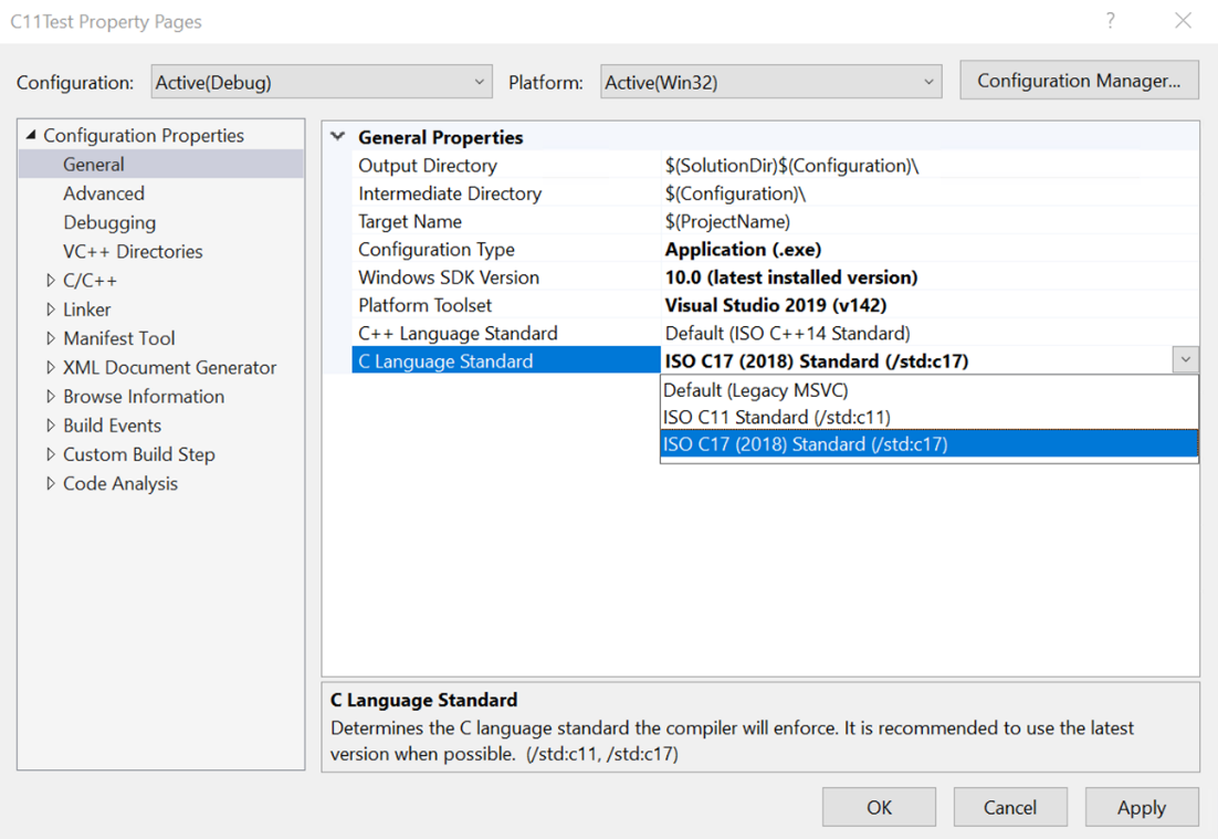 A screenshot of the Property Pages dialog on the Configuration Properties General page, showing the C Language Standard property drop-down selection as ISO C 17.