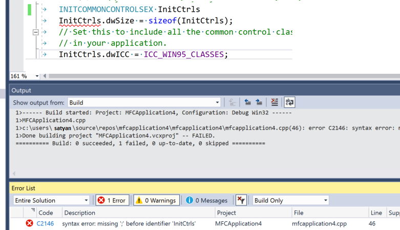 Screenshot of the Output window and Error list, showing a syntax error for a misplaced colon.