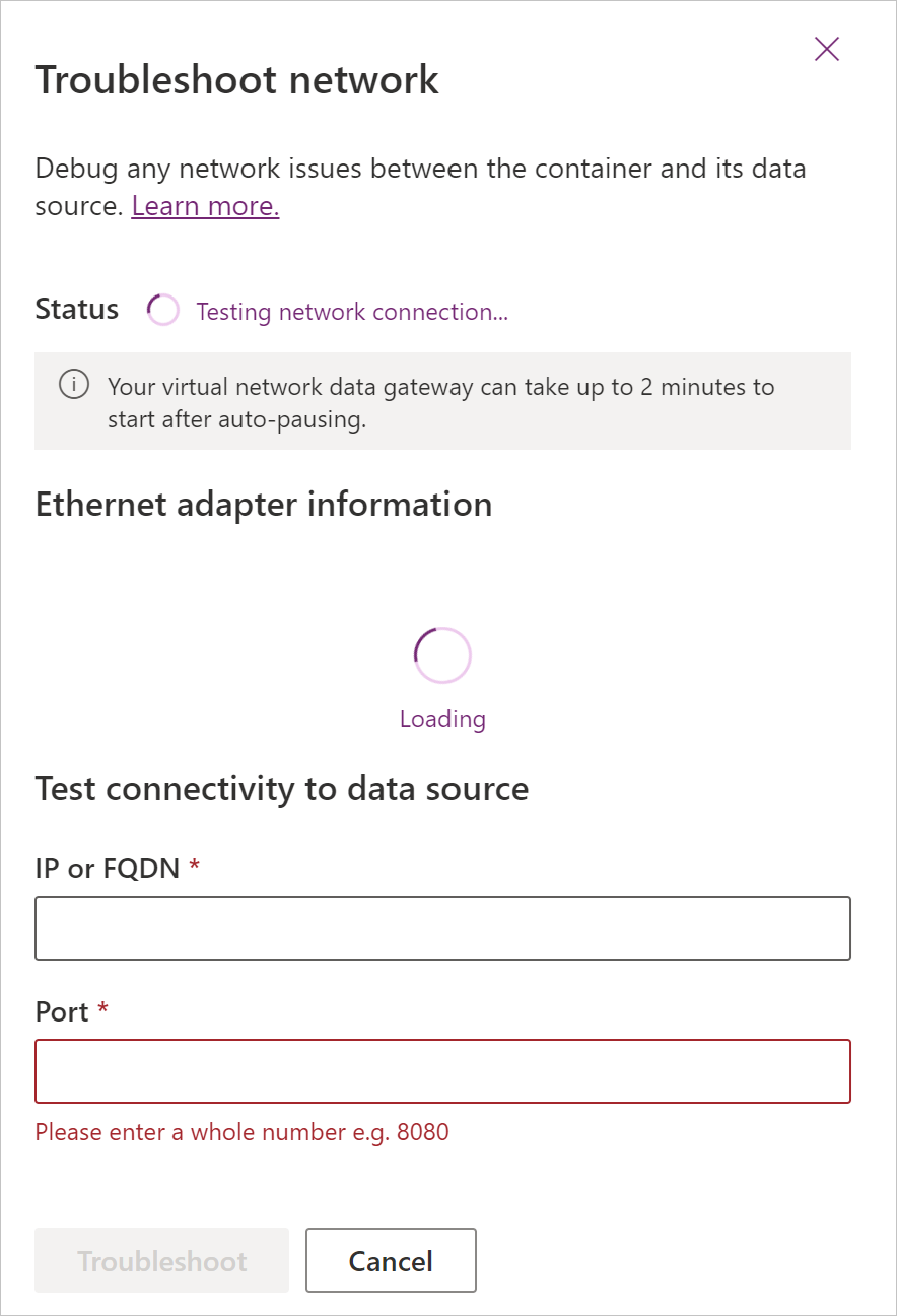 Image of the Troubleshoot network panel while the network connection is being tested.