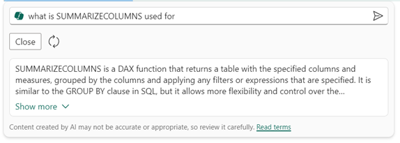 Screenshot showing a brief description of the SUMMARIZECOLUMNS DAX function.