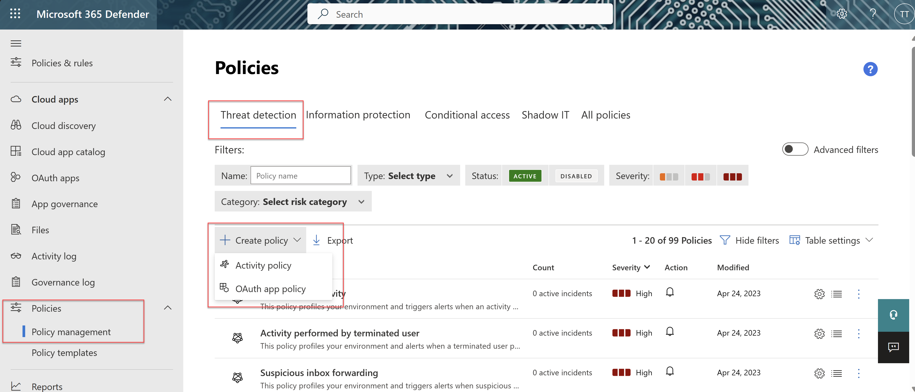 Create a Threat Detection policy.