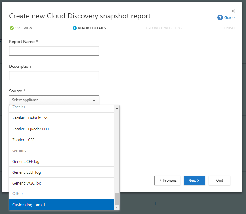 Screenshot of the Create new cloud discovery snapshot report dialog.