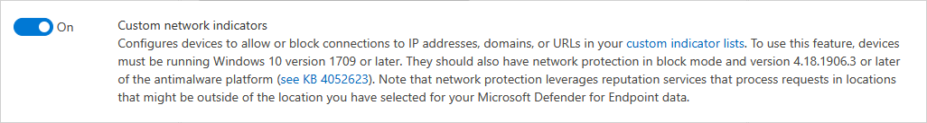 Screenshot showing how to enable custom network indicators in Defender for Endpoint.