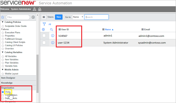 ServiceNow user ID.