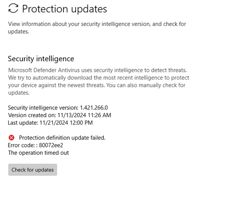 Screenshot of Protection definition update failed.