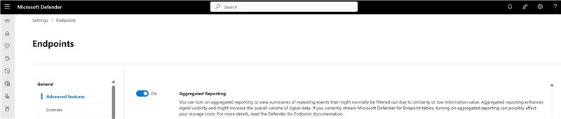 Screenshot of the aggregated reporting toggle in the Microsoft Defender portal settings page.