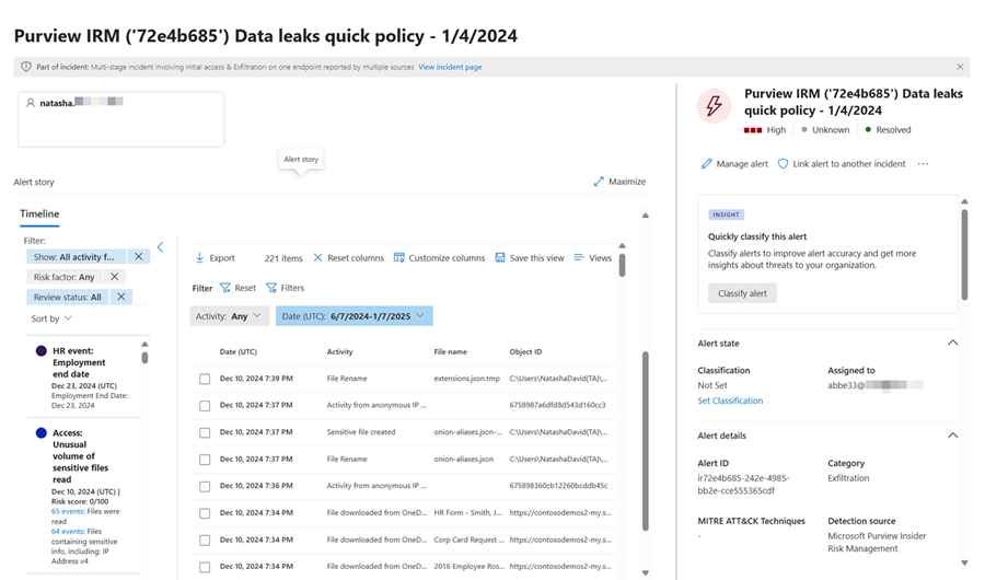 Sample of an insider risk alerts from Microsoft Purview Insider Risk Management.