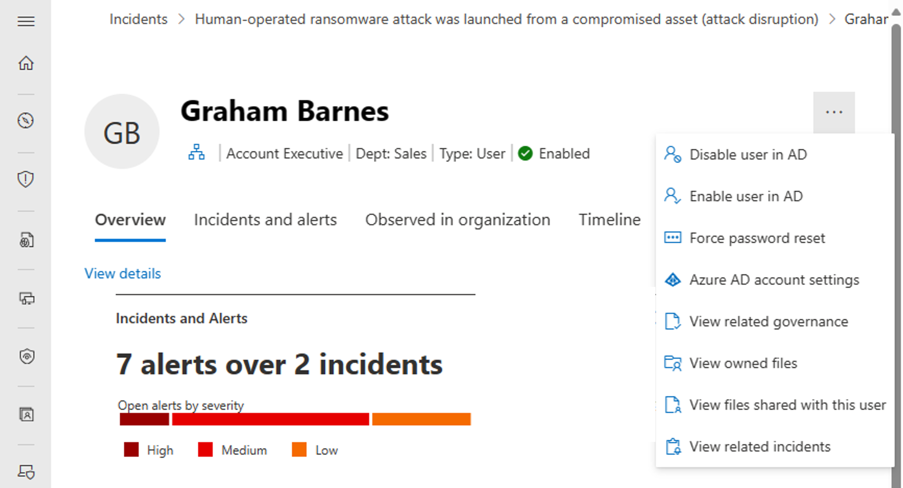 Screenshot of the actions for remediation for a user in the Microsoft Defender portal.