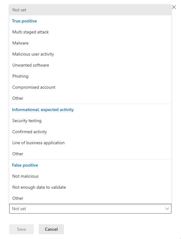 Screenshot showing the classification options for incidents.