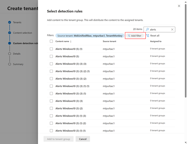 Screenshot of the detection rules selection pane.