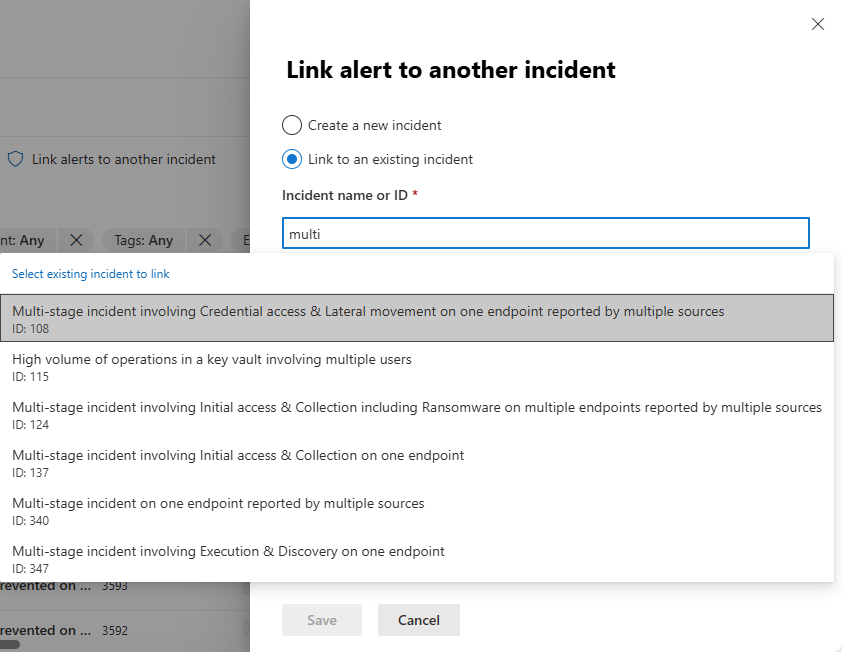 Screenshot of selecting an existing incident to move an alert to.