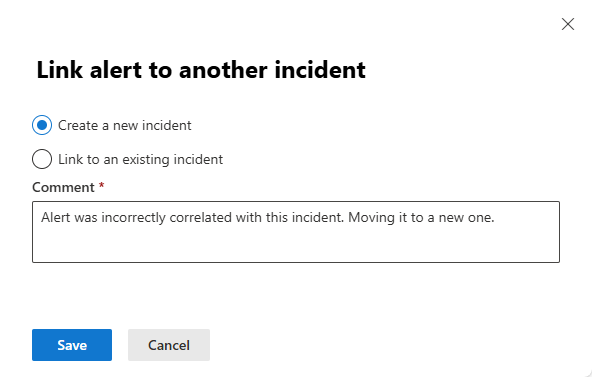 Screenshot of selecting a new incident to move an alert to.