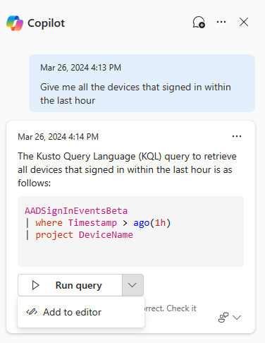 Screenshot of Security Copilot in advanced hunting showing the Add to editor option.