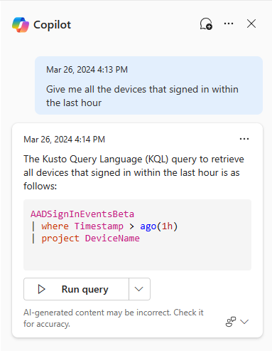 Screenshot of Copilot button showing Run query option.